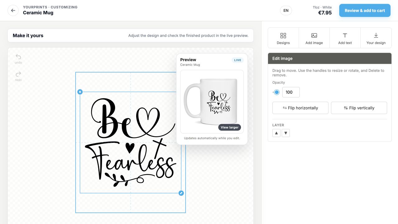 Muglaunch personalization studio with a live mug preview