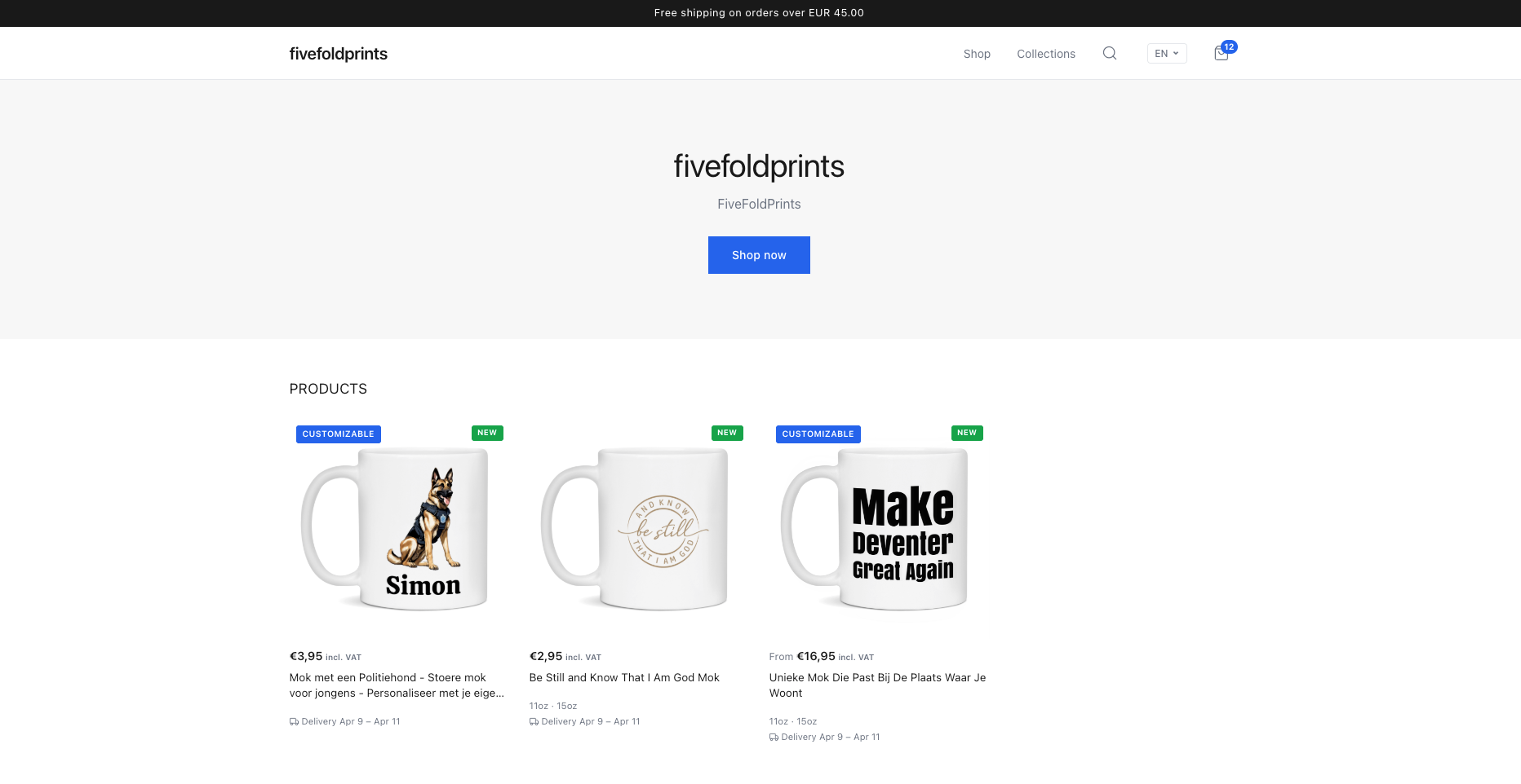 A Merchlaunch storefront - fivefoldprints selling customizable mugs